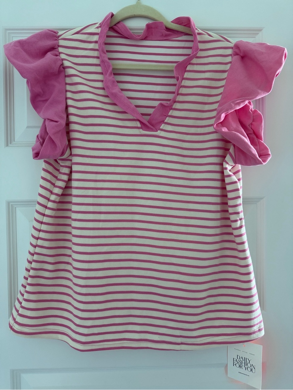 Women’s Pink Striped Ruffle Cap Sleeve Top
